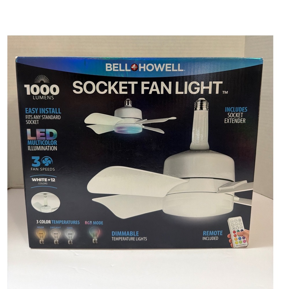 Bell+Howell 1000 Lumens Socket Fan Light LED RGB Multicolor Remote 2478ENCE
